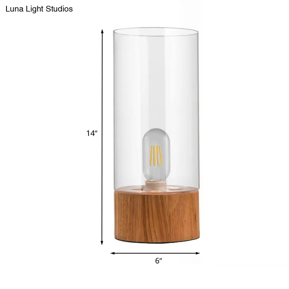 Cylinder Bedroom Desk Lamp - Clear Glass LED Reading Light with Wood Base