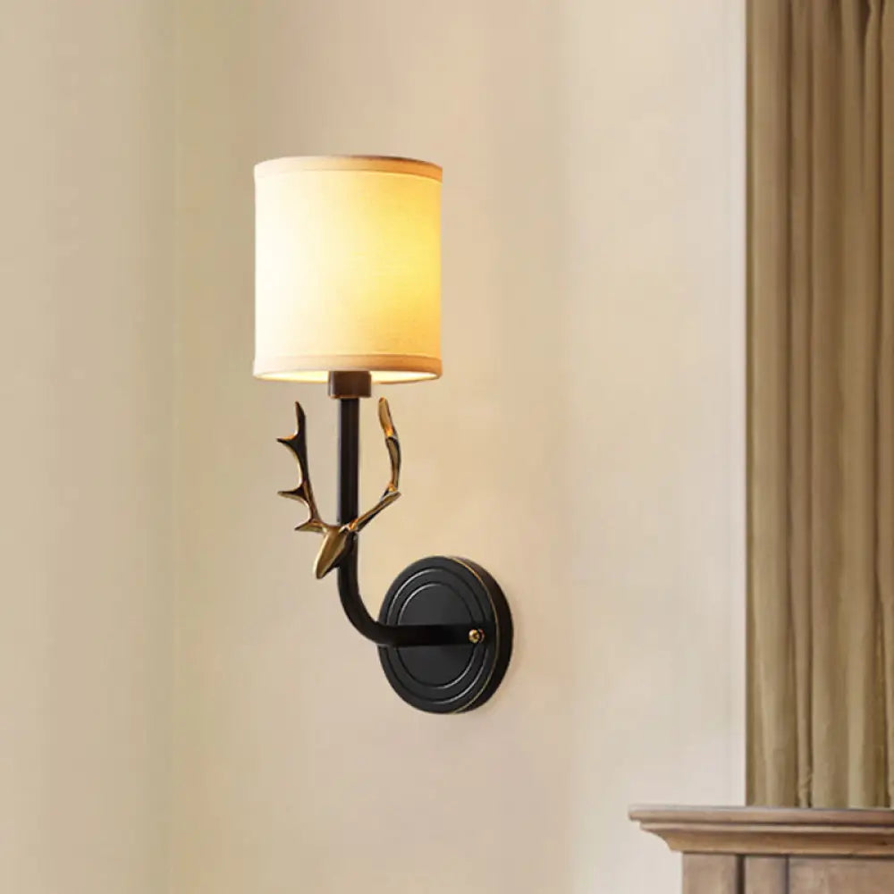 Cylinder Fabric Wall Lamp: 1-Head Cottage Bedroom Fixture with Stag Head Deco - Black/Gold