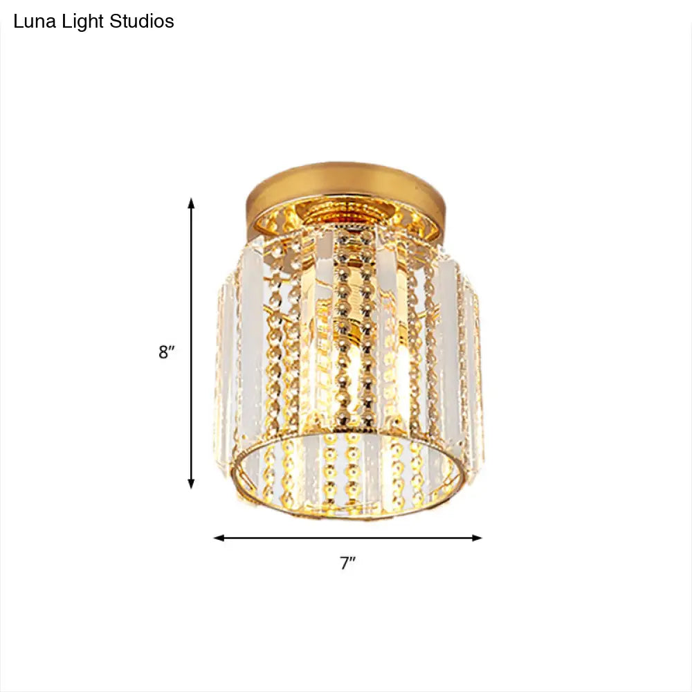 DecorBites™ DecorBites™ Cylindrical Crystal Mini Flush Lamp - Elegant 1-Light Golden Corridor Ceiling Mounted Light, 7" Wide