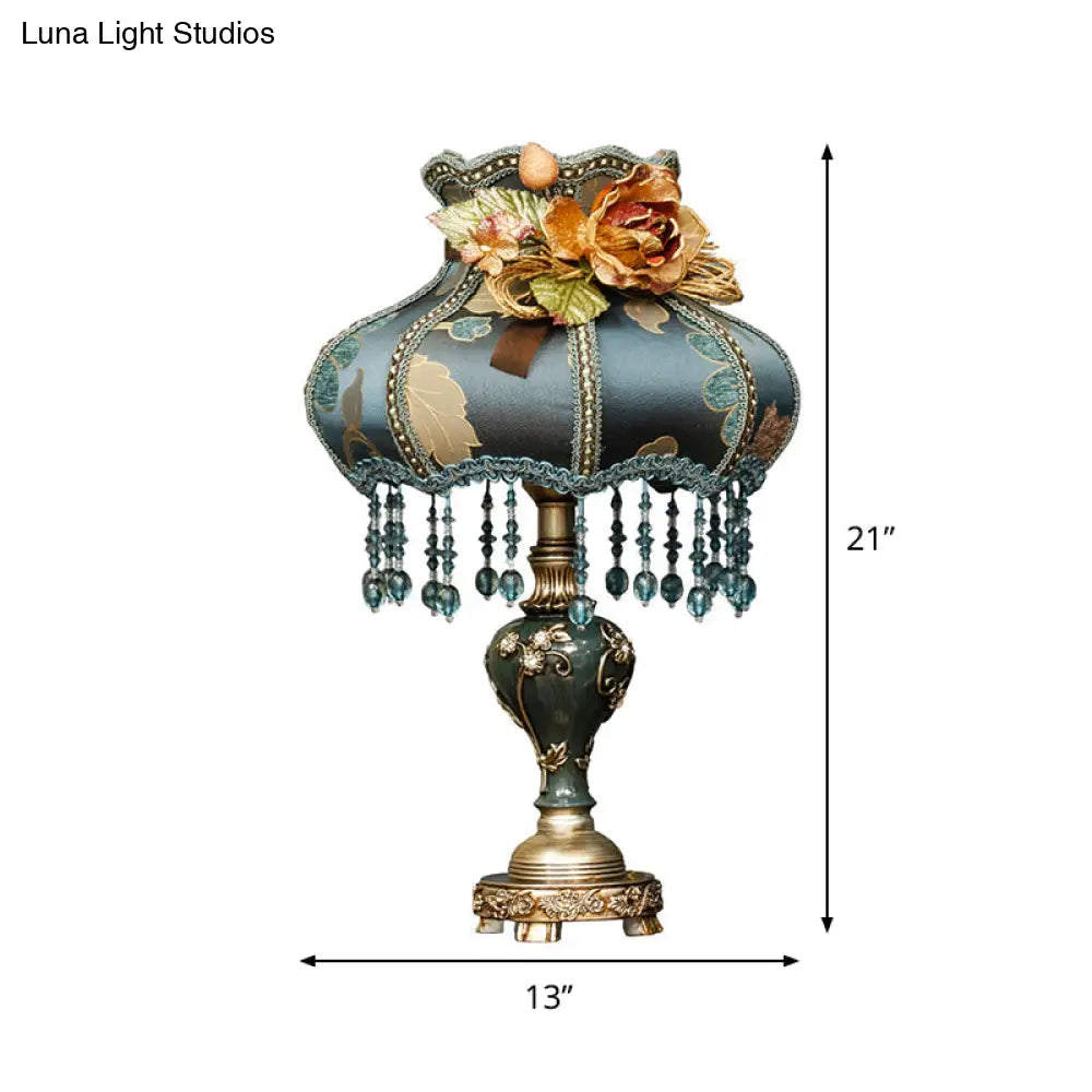 Dark Blue Vintage Urn Resin Night Light Table Lamp with Carved Design and Fabric Shade