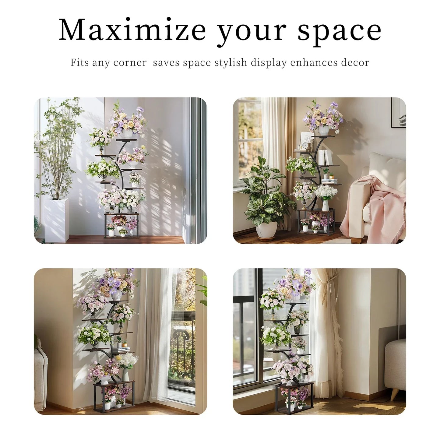Black metal 7 tier tree plant stand display rack for plants and flowers corner plant stand display
