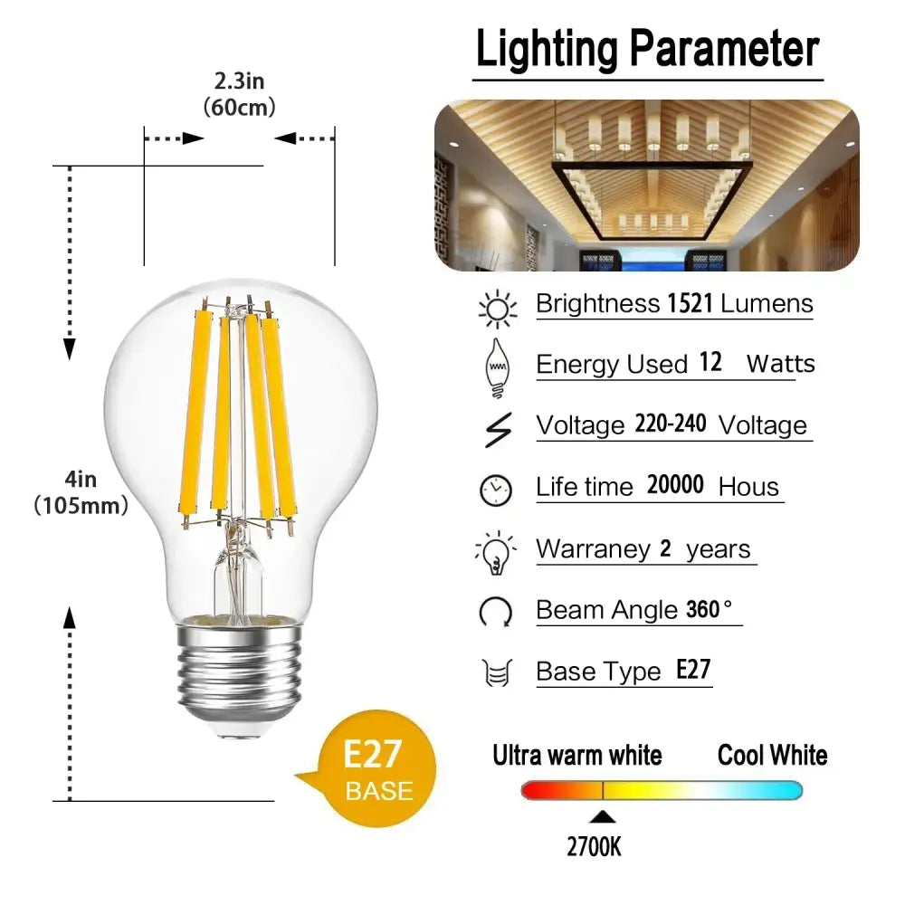 Clear glass decorbites a19 led bulbs with four yellow filaments and silver e27 base high lumen 1521lm decorative light