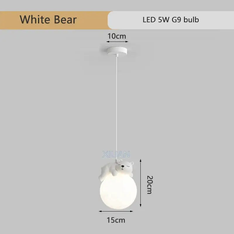 White bear-themed animal resin pendant lamp with spherical frosted glass shade for children’s room lighting