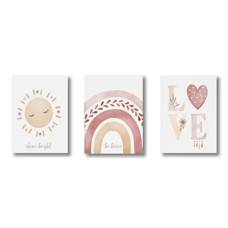 Set of three boho rainbow sunshine nursery art prints in pastel pink and beige featuring sun, rainbow, and love text