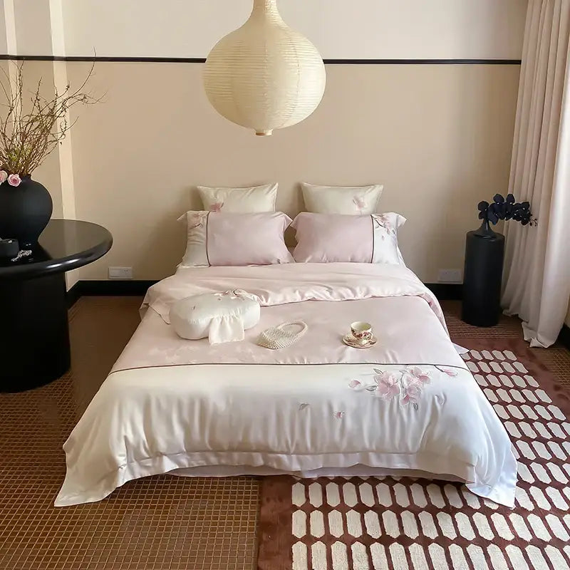 Pastel pink satin decorbites chinese floral bedding set with delicate embroidery and lyocell cotton silky softness