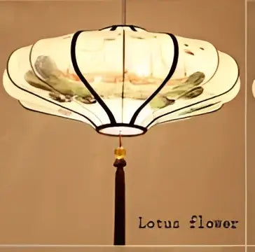 Decorbites chinese style pendant light shaped like a cream lotus flower with black outlines and gold accents for home decor