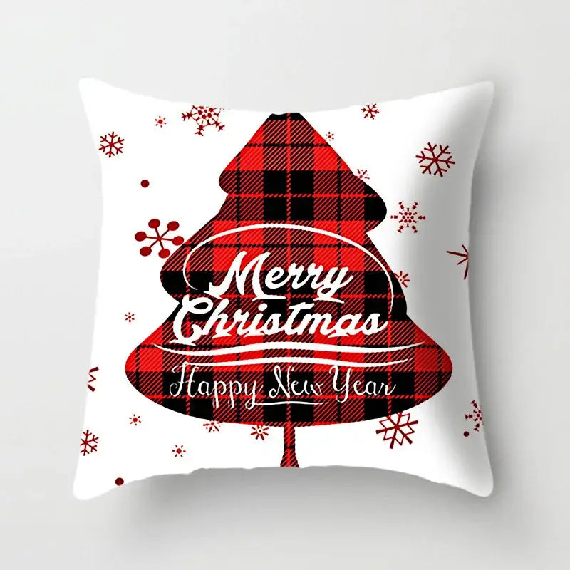 White throw cushion cover with red and black plaid christmas tree and merry christmas text by decorbites christmas cushion