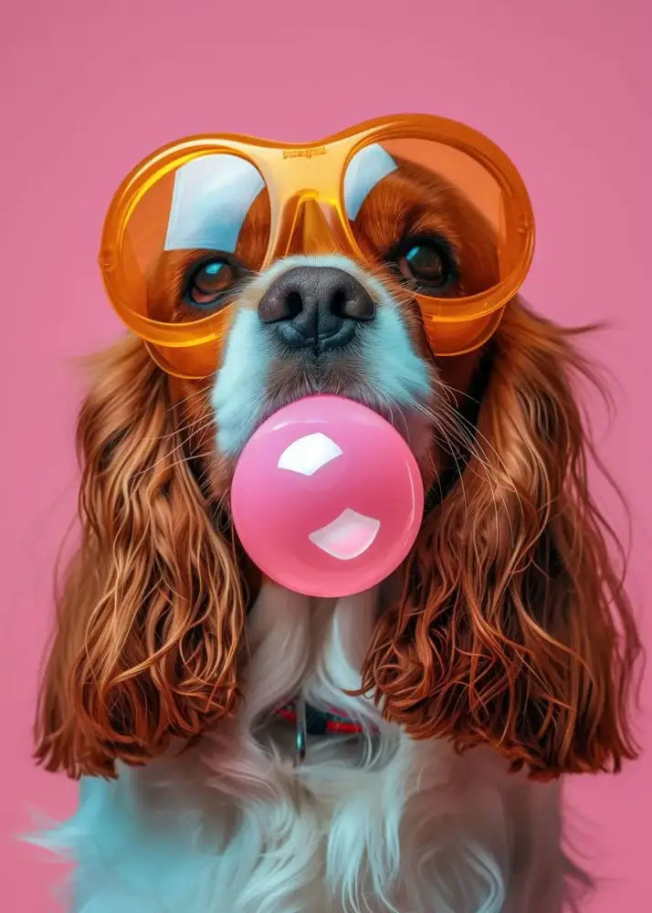 A cavalier king charles spaniel wearing colorful dog sunglasses blows a pink bubblegum bubble on decorbites™ wall art