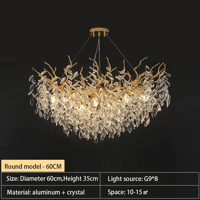 Gold-toned decorbites crystal chandelier with intricate aluminum and crystal leaf branch design for living room and lobby lighting