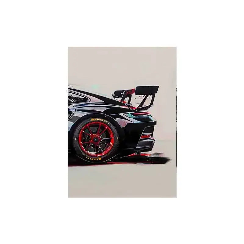 DecorBites™ gt3 rs sports car canvas wall art featuring black car with red alloy wheels and rear spoiler