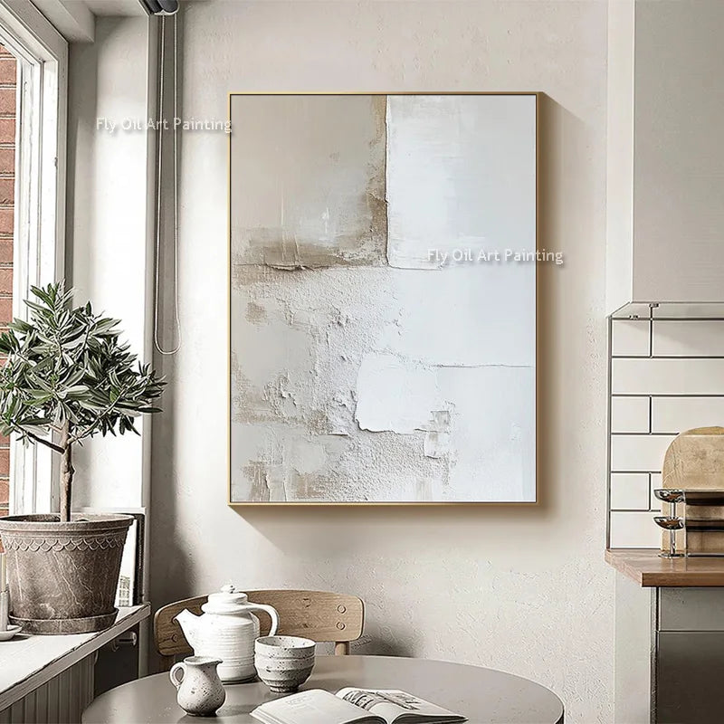 Handpainted Abstract Beige & White Oil Paintings Set - 01 / 50x70cm unframed - Posters