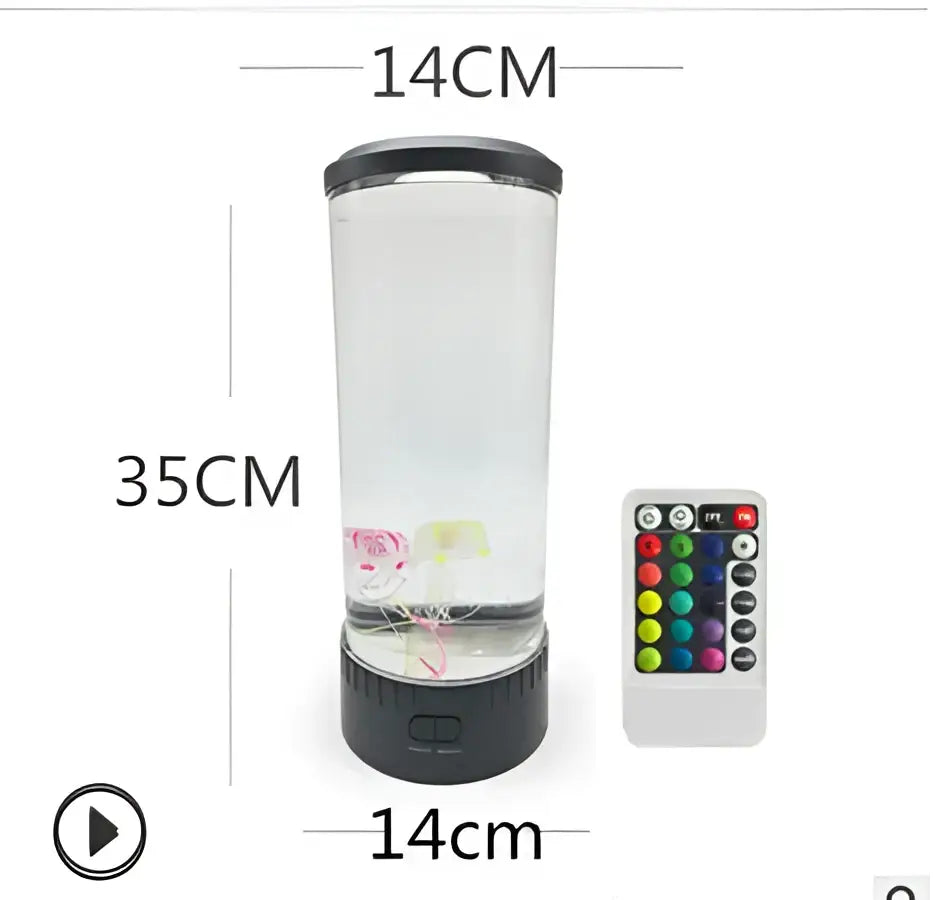 A 35cm tall decorbites led jellyfish lamp with black base and lid and colorful floating figurines in clear liquid