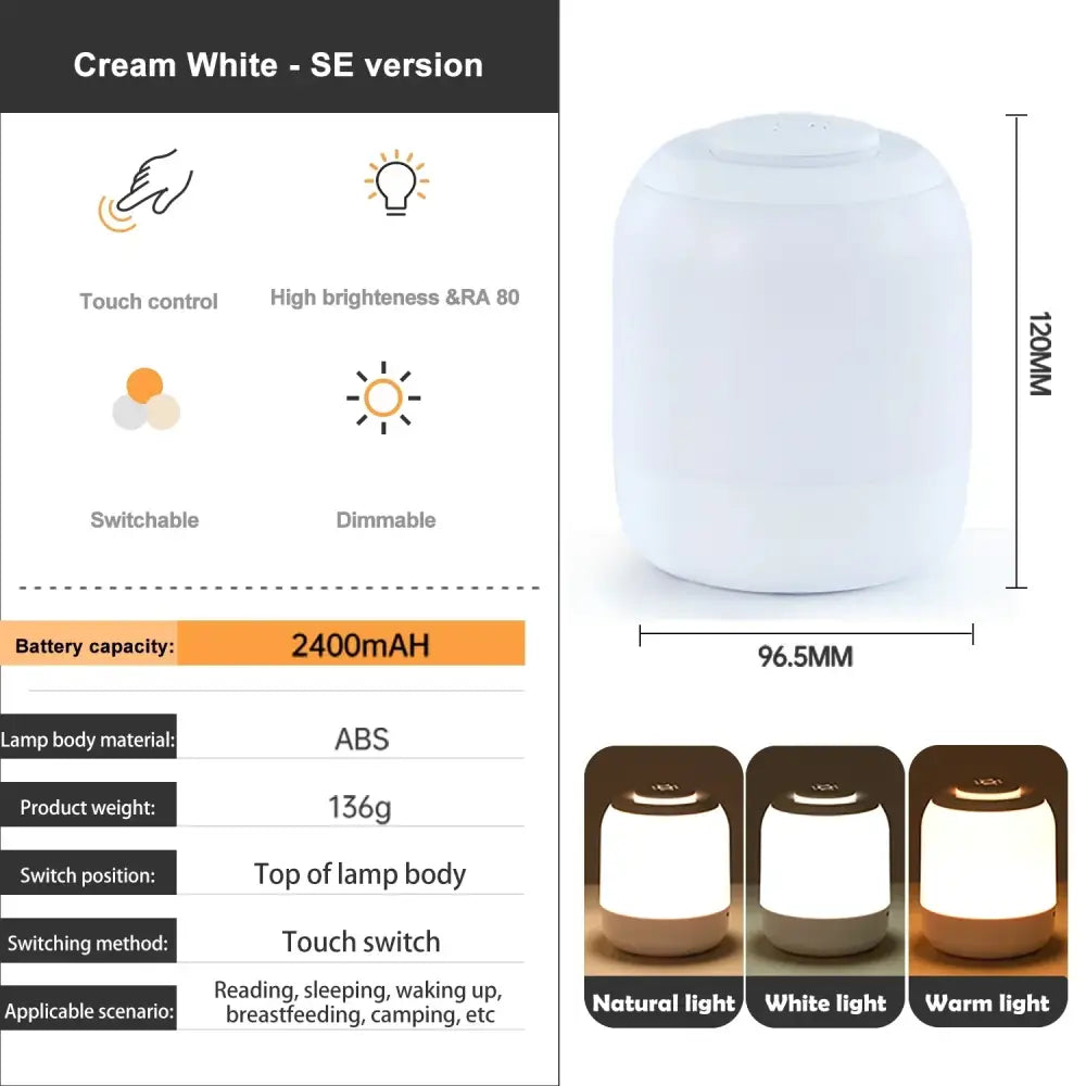 Cream white decorbites™ led touch night light with smooth abs plastic body and 3-color dimming modes