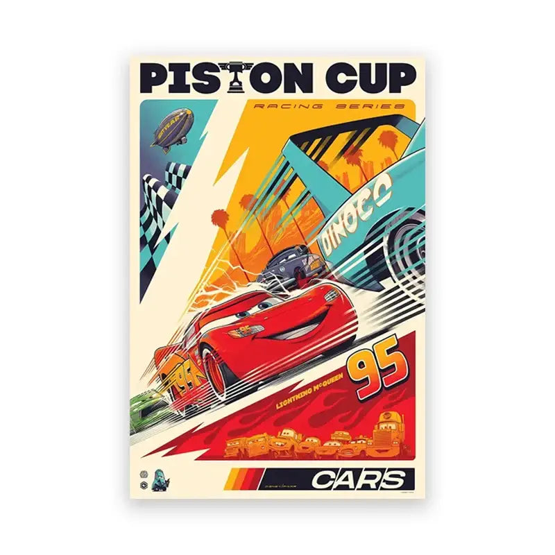 Vibrant red decorbites lightning mcqueen cartoon car art prints featuring the number 95 and dynamic speed lines background