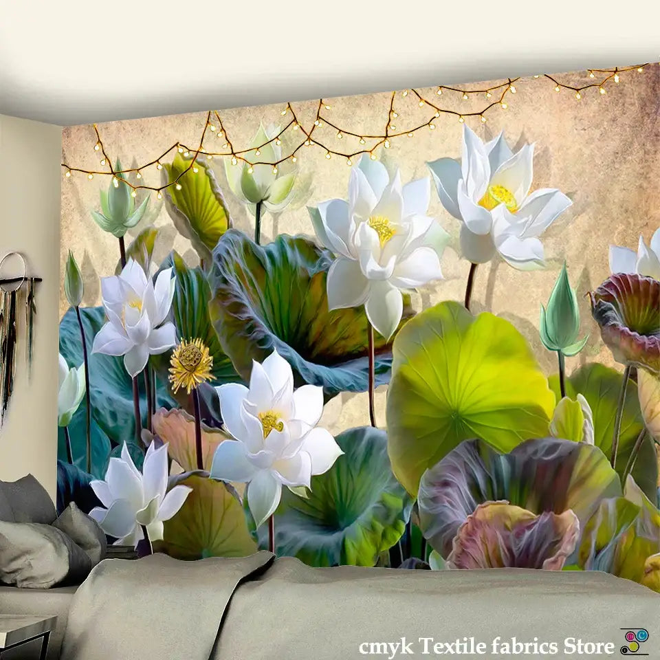 Decorbites lotus leaf tapestry featuring a vibrant white lotus flower with green and purple leaves in 3d printed fabric design