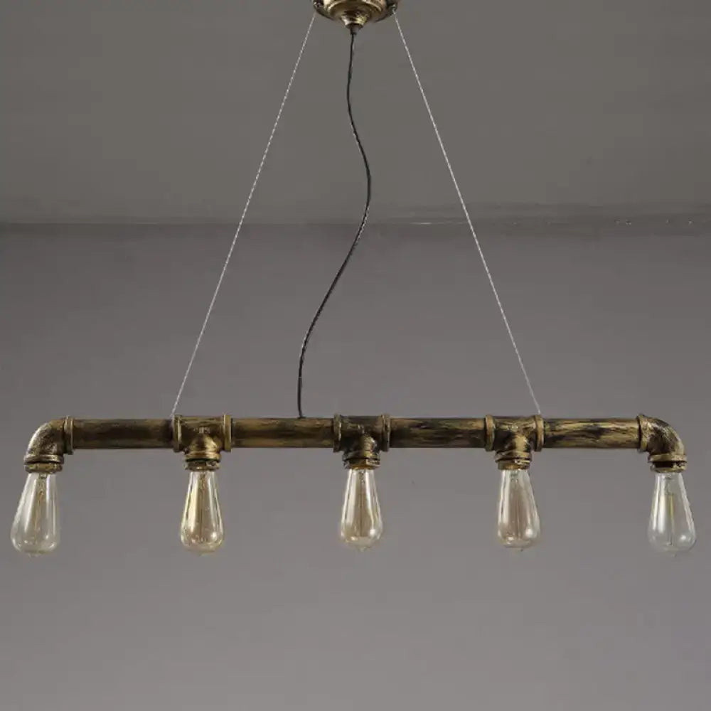 Decorbites vintage linear pipe iron ceiling light with five brass pipe pendant heads and clear glass bulbs for restaurant use