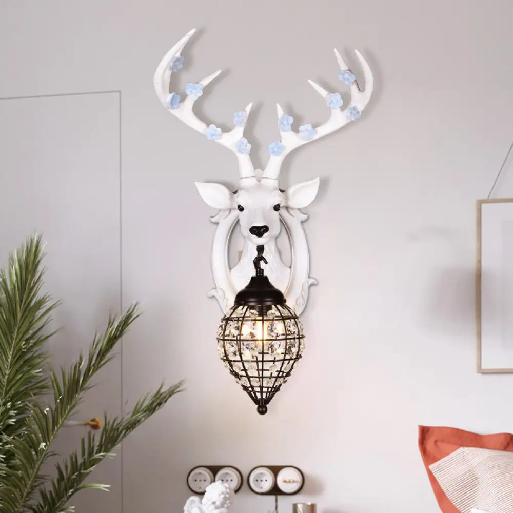 DecorBites™ Deer Head Wall Lamp: Countryside Resin Sconce with Lantern Crystal Shade in White/Brown