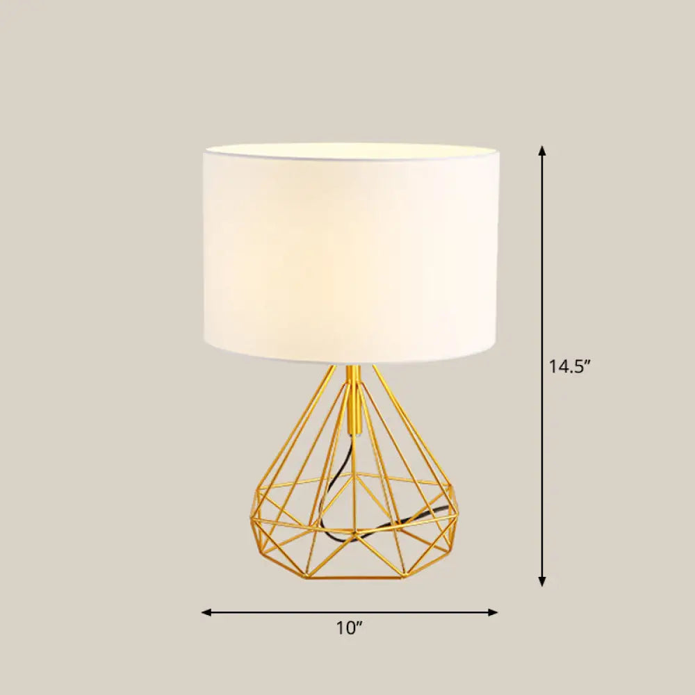 DecorBites™ Diamond Cage Bedside Table Lamp - Metallic Finish, Minimalist Design and Drum Fabric Shade"