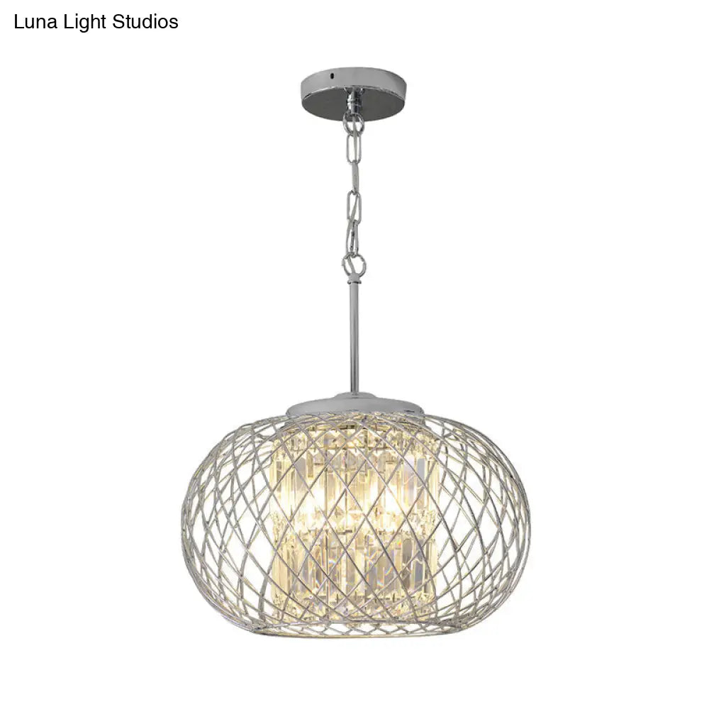 Dome Cage Crystal Block Chandelier: Modern Chrome Dining Room Lighting with 3 Lights