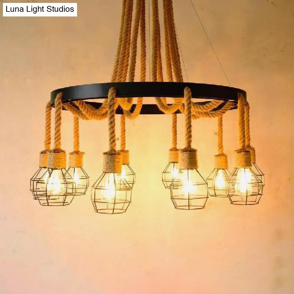 Dome Cage Retro Style Ceiling Pendant Light - 4/6 Bulbs, Brown Rope and Metal Chandelier for Hallway