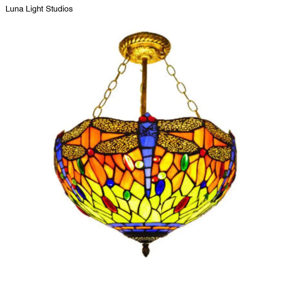 DecorBites™ DecorBites™ Dragonfly LED Baroque Ceiling Lighting in Aged Brass - Stained Glass Shade for Bedroom