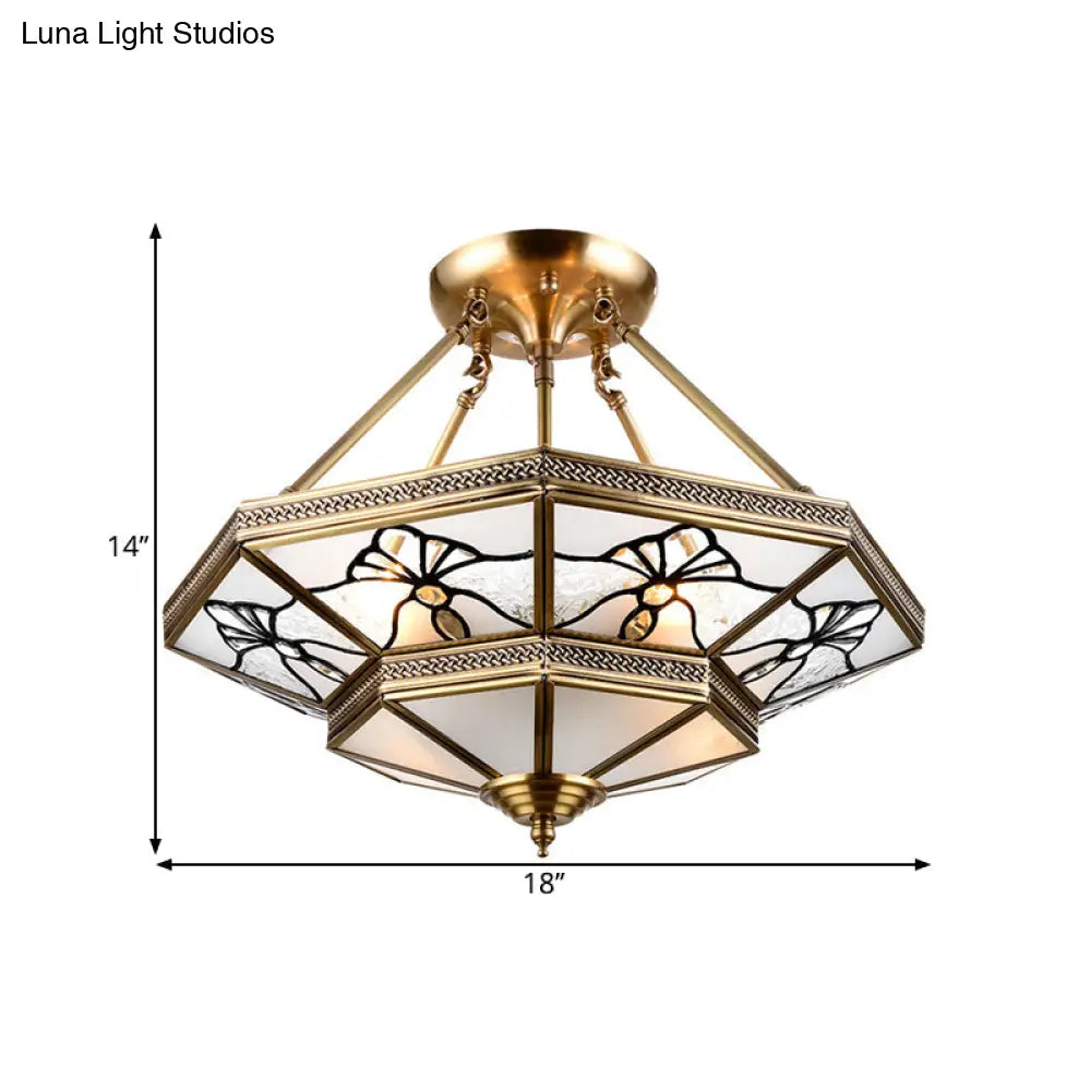 DecorBites™ DecorBites™ Dragonfly Pattern 4-Light Brass Semi Flush Mount Lamp with Countryside Cream Glass – Tapered Drawing Room Design