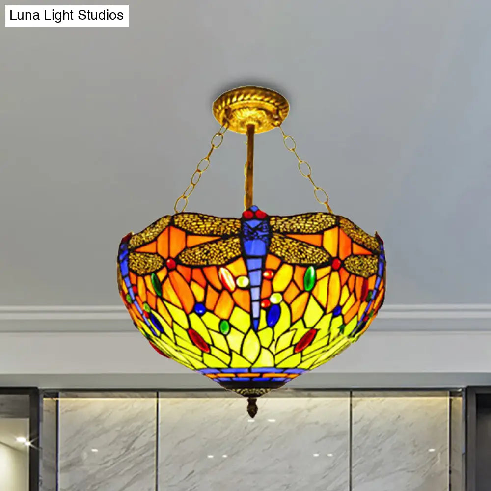 DecorBites™ DecorBites™ Dragonfly Stained Glass Tiffany Ceiling Light Rustic Orange/Yellow - Perfect for Cloth Shops