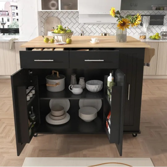 Kitchen Island With Drop Leaf, Kitchen Storage Cart With 3 Tier Pull Out Cabinet Organizer, Internal Storage Rack, Rolling Kitchen Cart On Wheels With Towel Rack, 2 Drawers, For Kitchen, Black