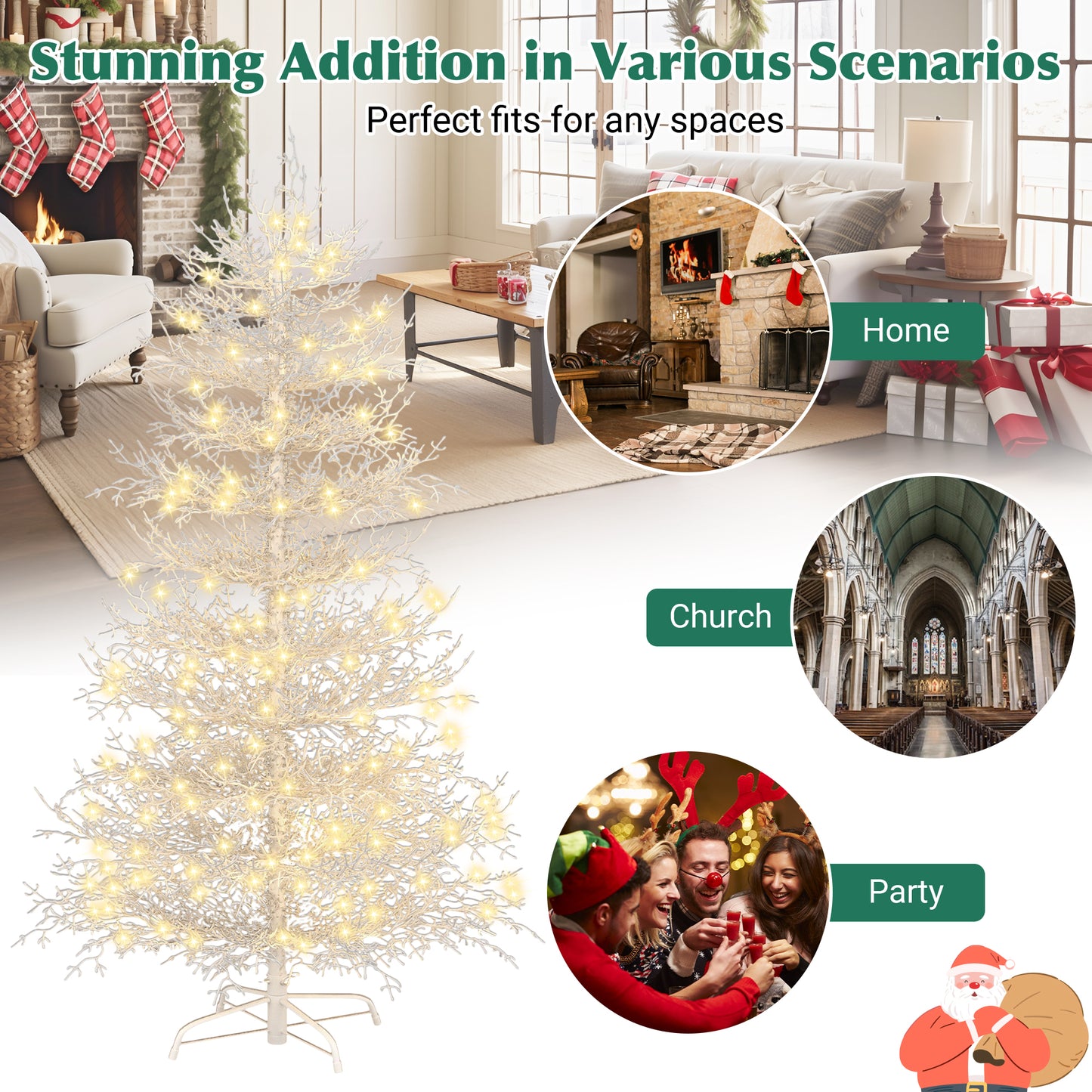 6FT Pre-lit Aspen Fir Artificial Christmas Tree, Hinged Xmas Tree 623 Snow Flocked Branch Tips, 420 Warm White LED Lights, Holiday Coral Christmas Tree For Home Party