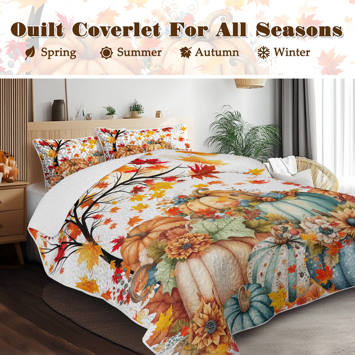 Autumn Theme 3 Pcs Quilt Set - Pumpkin Print Bedspread Coverlet