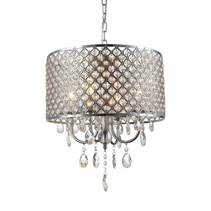 Elegant dark metal decorbites crystal ceiling chandelier with silver-toned cylindrical crystal cage and teardrop crystals