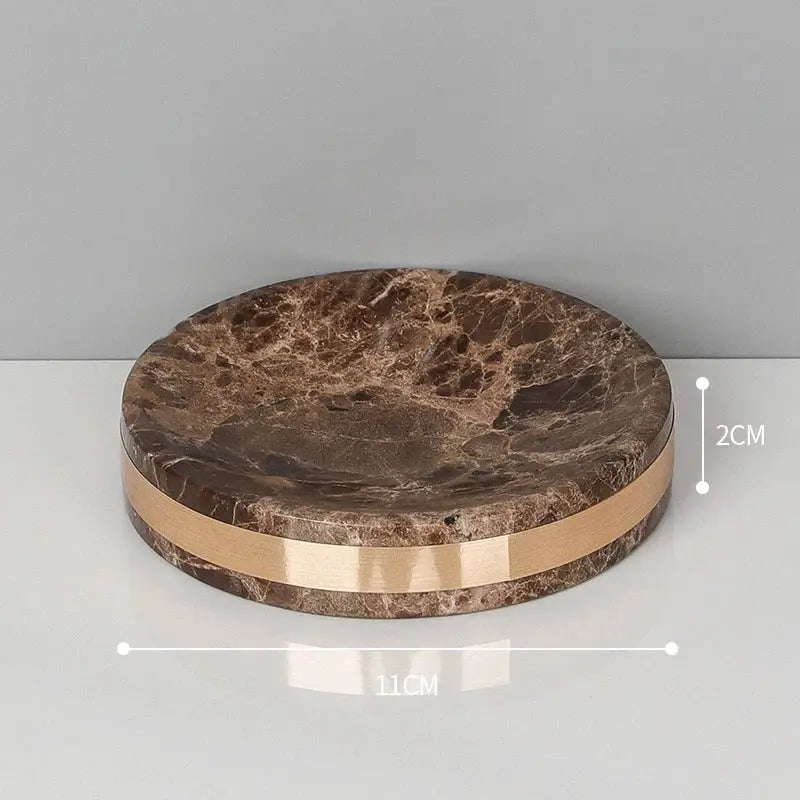 Brown emperador dark marble soap dish with a gold metallic band for dark marble bathroom accessories