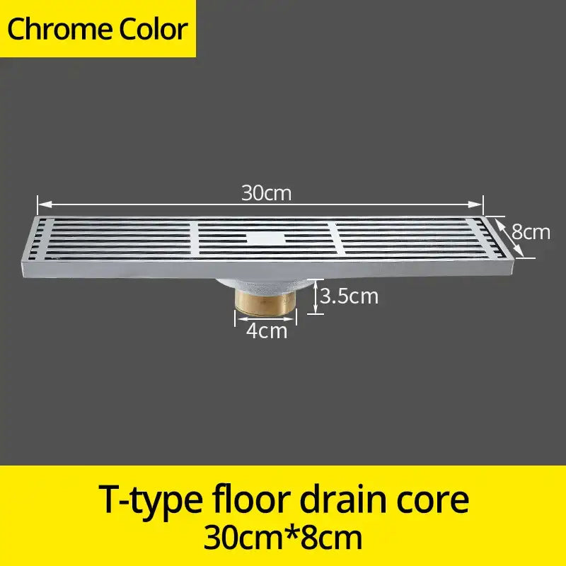 Chrome-finished t-type floor drain core with sleek rectangular design and parallel slats for decorbites euro antique brass floor drain