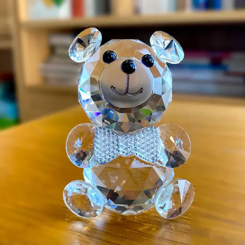 Faceted clear crystal teddy bear figurine with black bead eyes and silver bow tie for bedroom decor