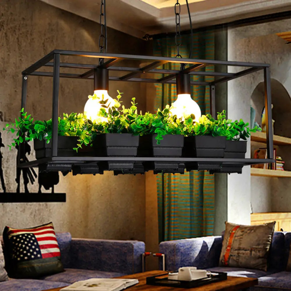 DecorBites™ Factory Metallic Island Lamp with Artificial Plant Deco - Black/White Rectangle, 2 Lights for Living Room