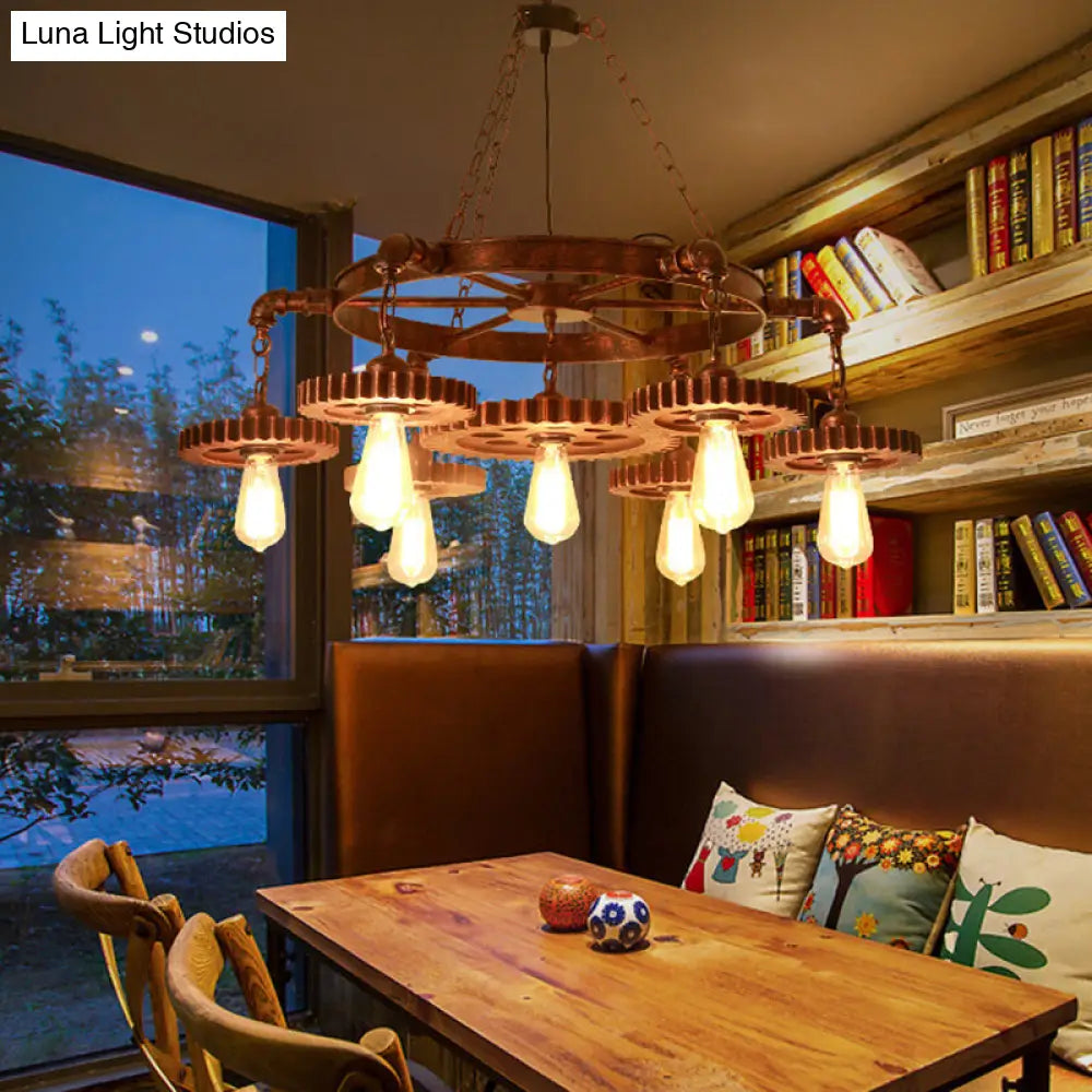 Factory Style Iron Suspension Chandelier with Bronze Finish & Gear Wheel Deco – Bare Bulb Lighting