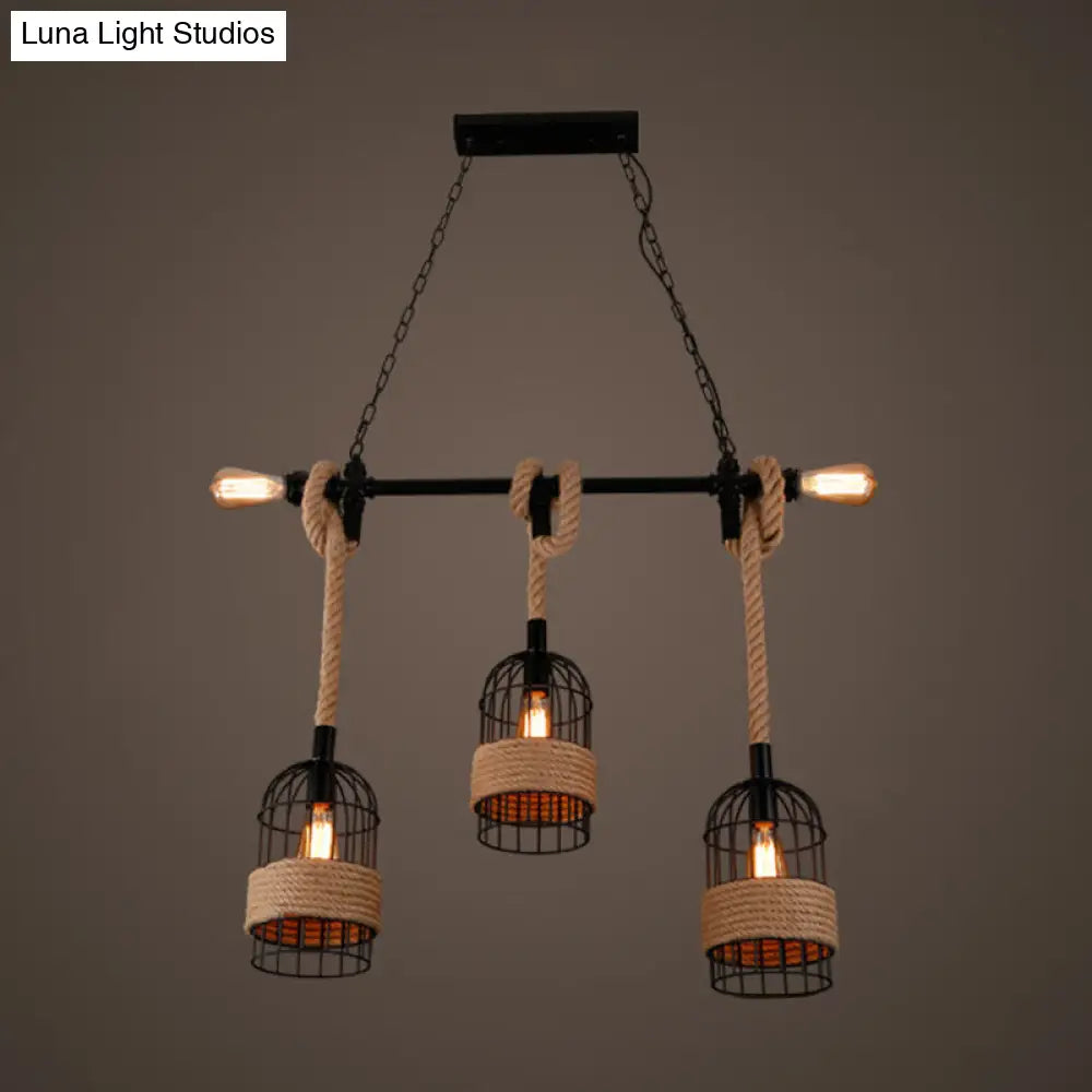 Farmhouse 3-Head Beige Geometry Pendant Light with Rope for Dining Room or Island