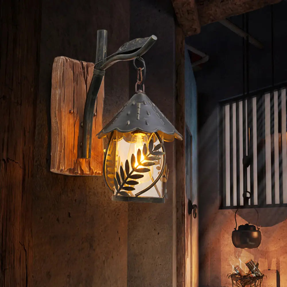 Lámpara de pared DecorBites™ estilo rústico con forma de hoja, de cristal transparente y placa trasera de madera - Marrón