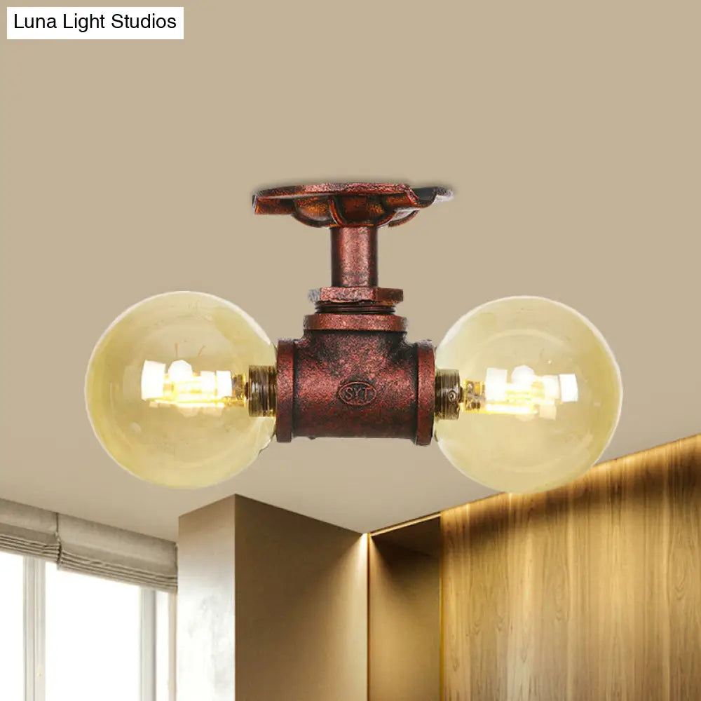DecorBites™ DecorBites™ Farmhouse LED Amber Glass Copper Flushmount Light with 2 Heads - Semi Flush Ceiling Fixture