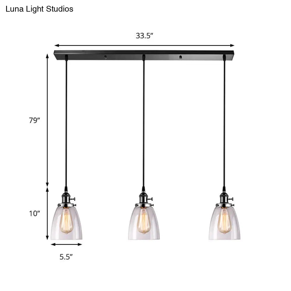 DecorBites™ Farmhouse Multi-Pendant Light Fixture with Ribbed Clear Glass Shades for Dining Room: Linear Canopy, 3 Cone Lights