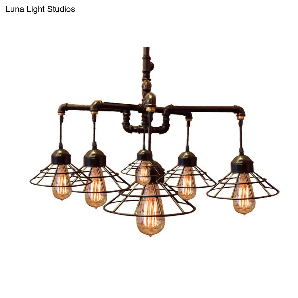 Farmhouse Style Metal Chandelier: 6-Light Black Pendant Lamp with Cone Cage Shade for Dining Room