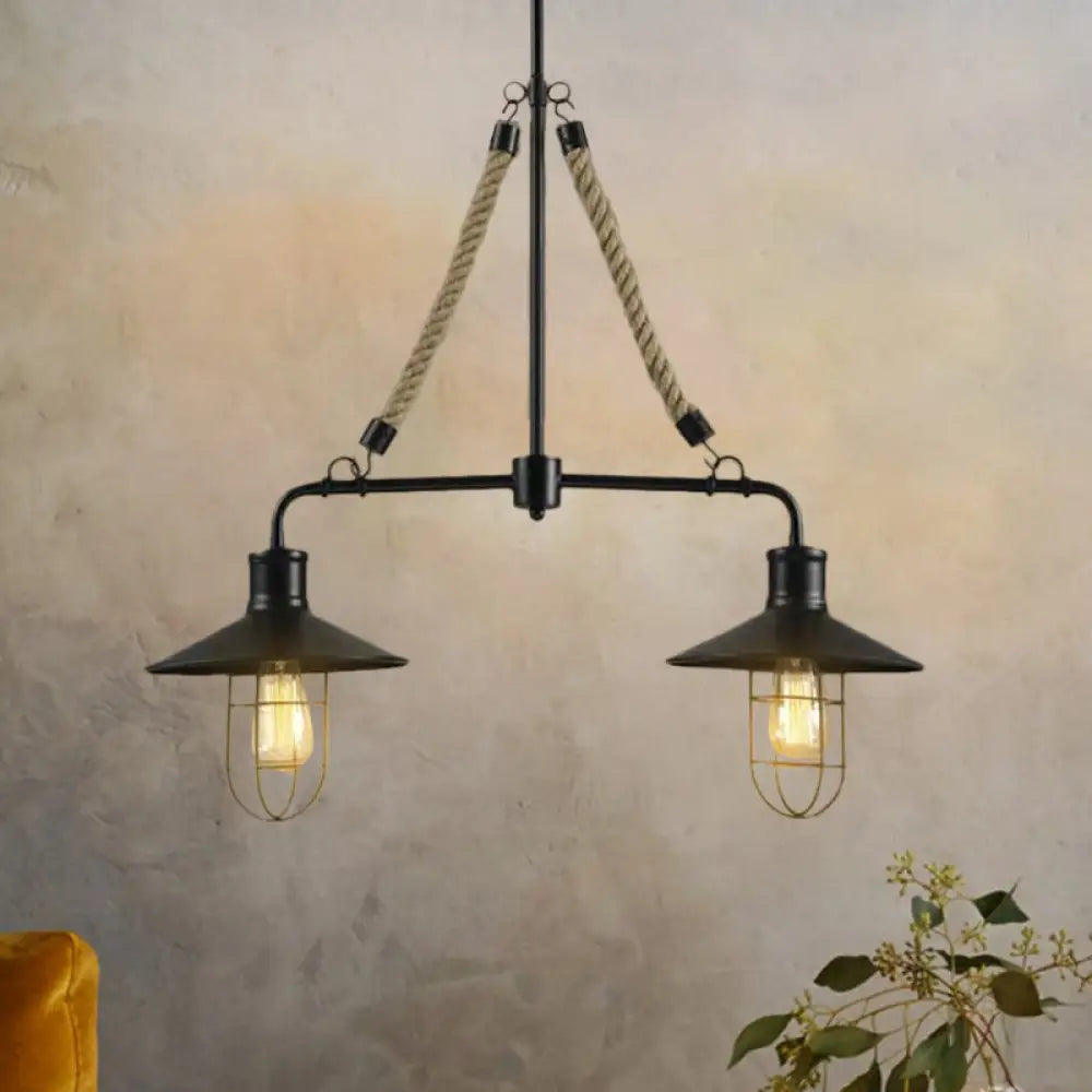 DecorBites™ Farmhouse Wire Cage Pendant Light: 2 Bulbs, Island Lamp with Rope and Flared Shade, Metallic Finish in Black