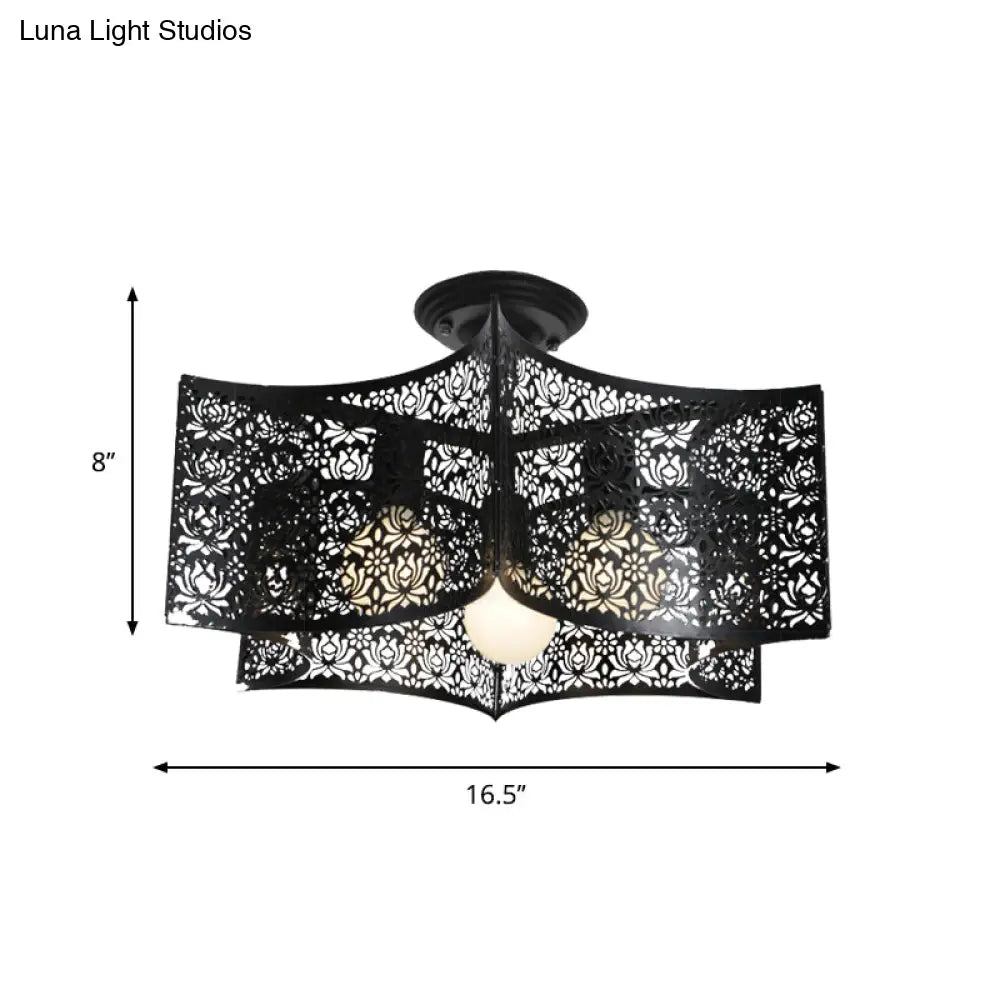 DecorBites™ DecorBites™ Floral Etched Black Ceiling Flush: Elegant Iron Semi Mount Lighting for Rural Living Room - 3 Lights