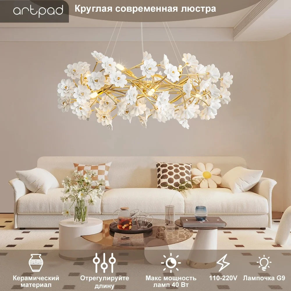 Floral French White Ceramic Chandelier - Romantic Home Décor - Chandelier