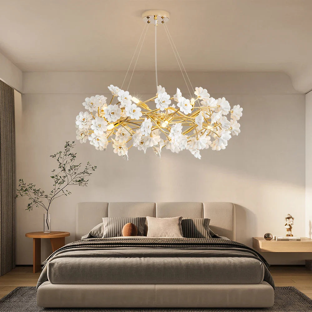 Floral French White Ceramic Chandelier - Romantic Home Décor - Chandelier