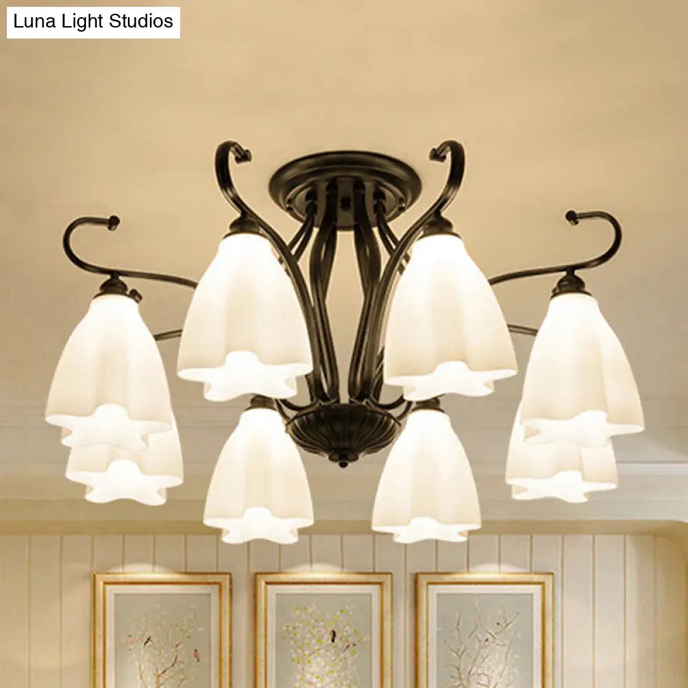 DecorBites™ Flower-Shaped White Glass Ceiling Light Fixture with 3/6/8 Lights for Classic Living Room Semi-Mount Lighting in Black