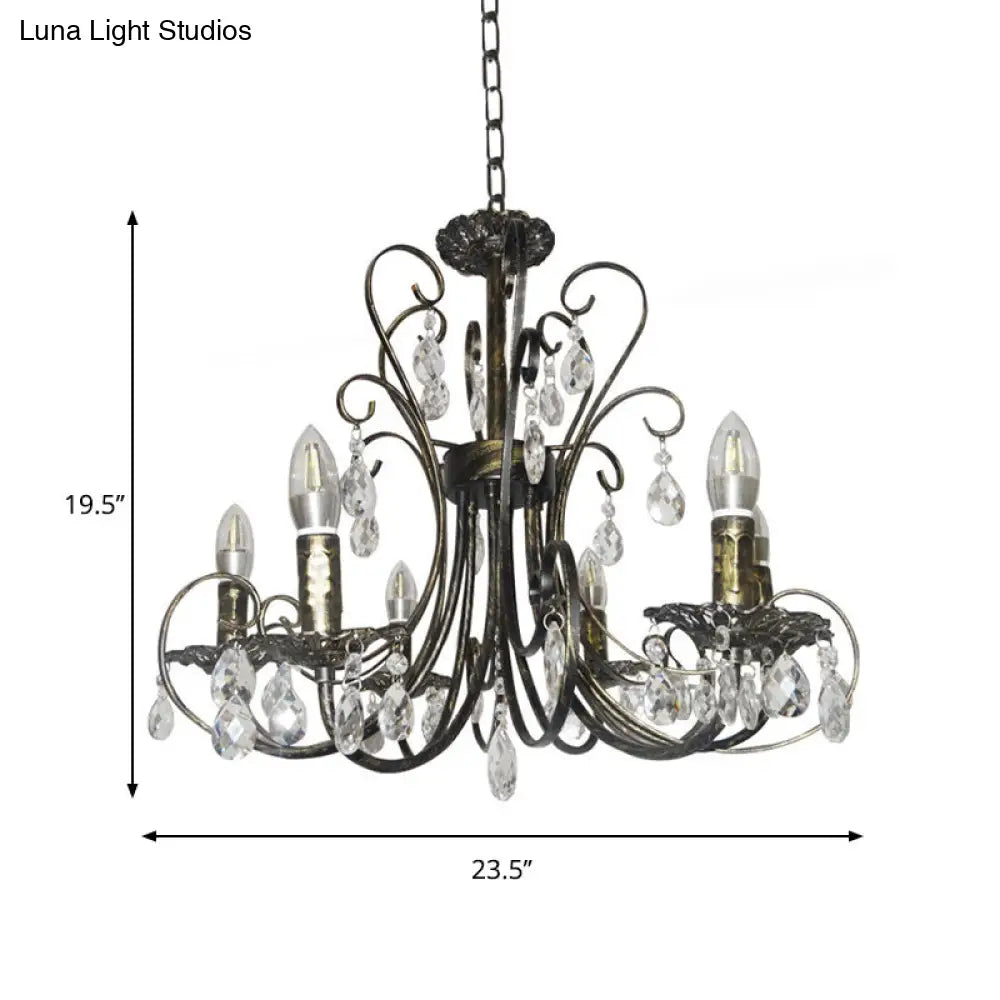French Style Bronze Curved Candle Chandelier - 6 Light Iron Ceiling Lighting with Crystal Accent