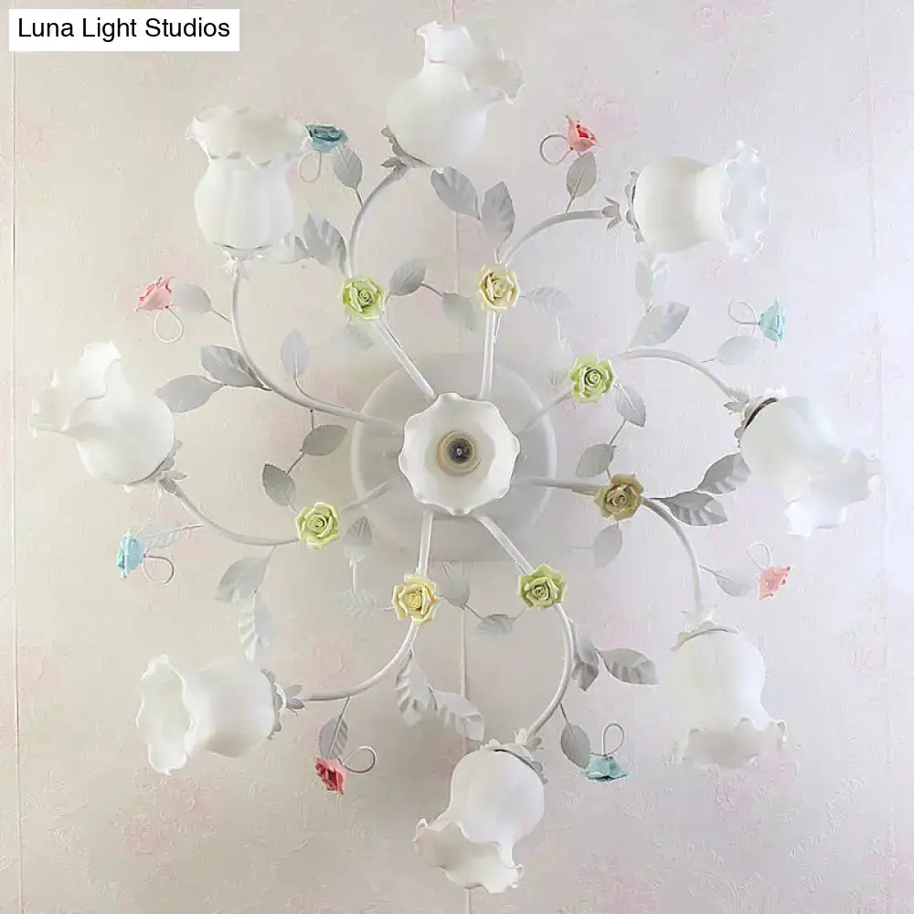 DecorBites™ DecorBites™ Frosted Cream Glass Ruffle Ceiling Light - 9 Lights, Semi Flush Mounted Lamp for Bedrooms - Pink/Green Countryside Design