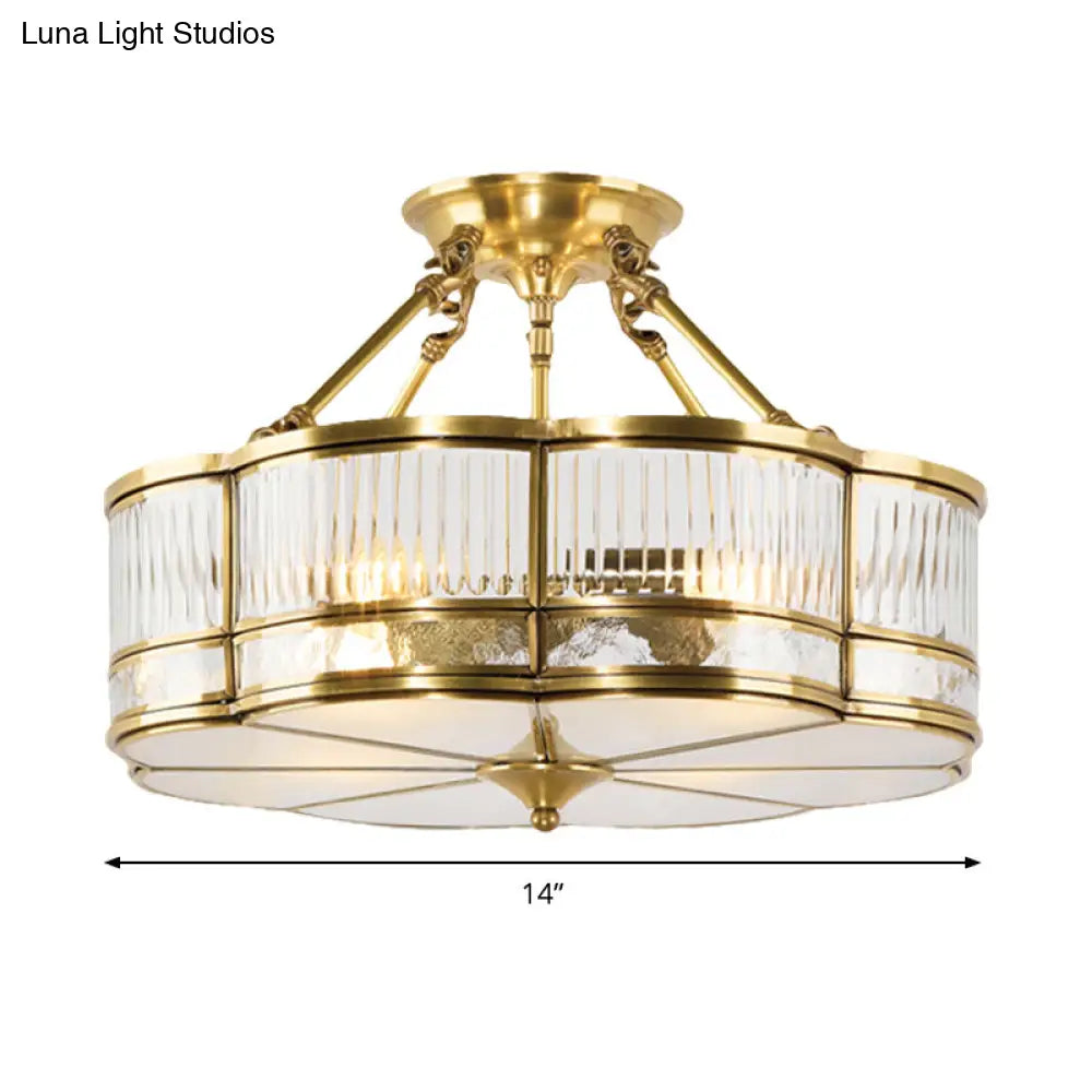 DecorBites™ DecorBites™ Frosted Glass Flower Semi Flush Mount Light with Brass Metal Frame - Colonial Style (3 Lights)