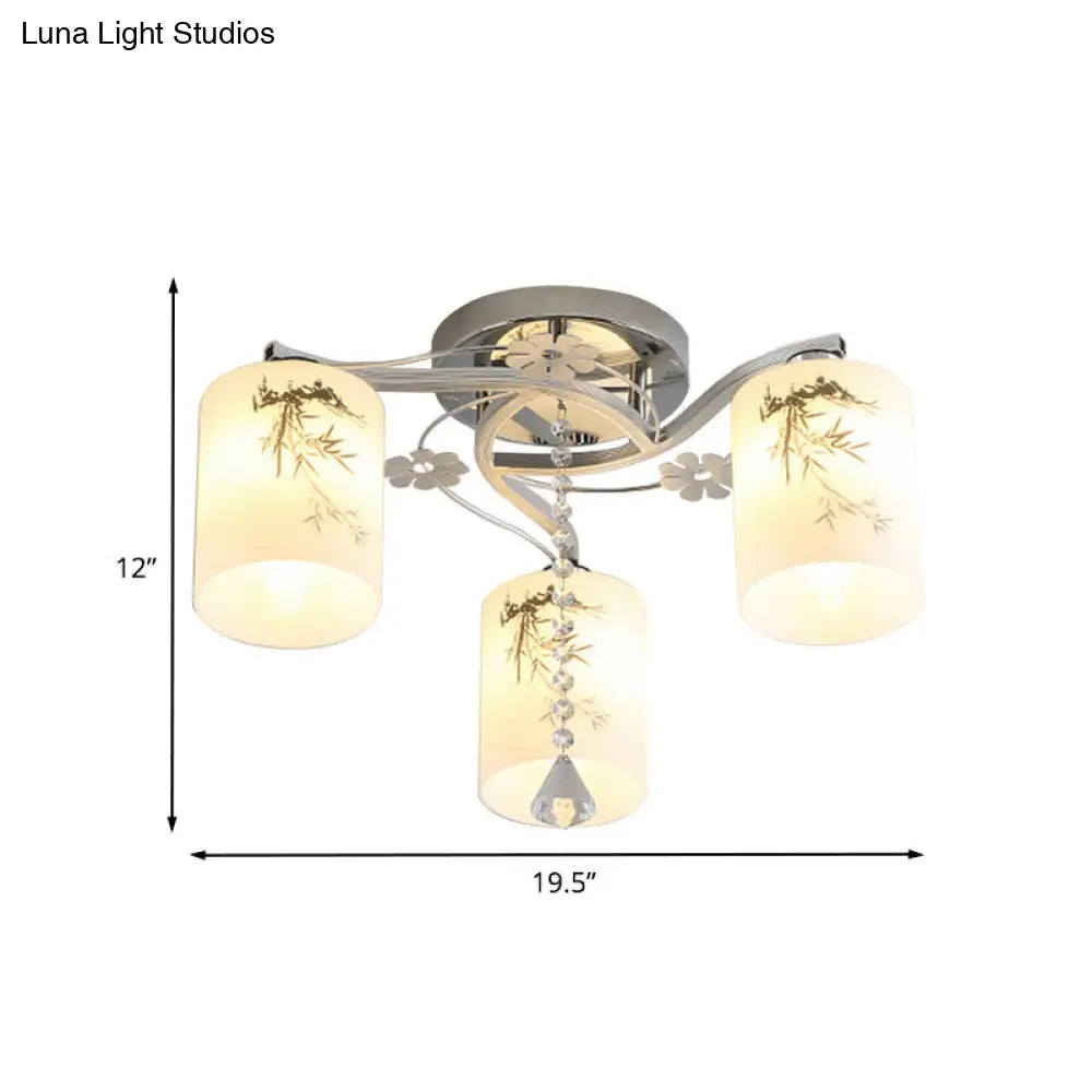 DecorBites™ DecorBites™ Frosted Glass Semi-Flush Ceiling Light with Chrome Finish - 3 Lights, Minimal Cylindrical Design for Bedroom Flushmount - Bamboo Pattern